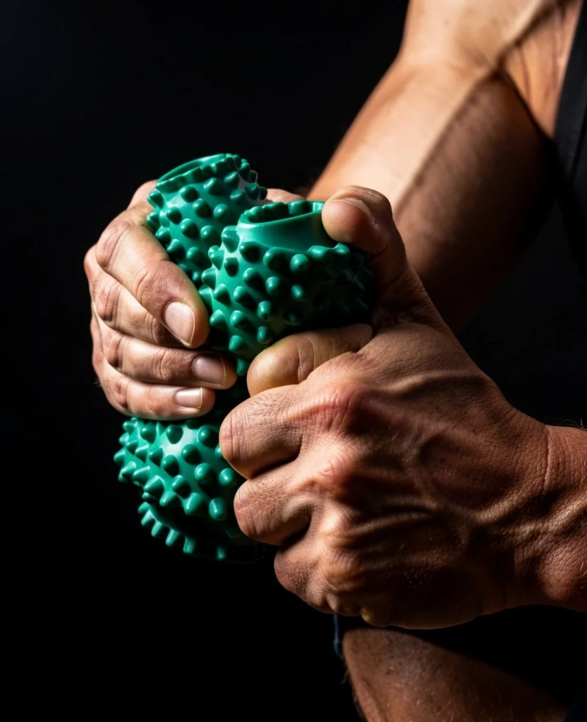 Hands using a muscle massage roller on a forearm