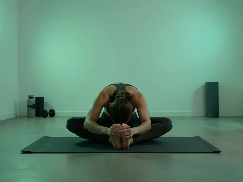 Person performing a gentle beginner stretch on a yoga mat